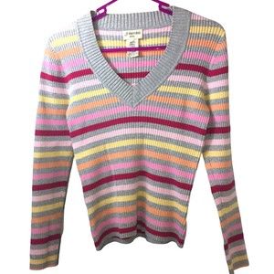 St John’s Bay Womens Y2K Striped V Neck Sweater Ribbed Grey Multicolored Sz S